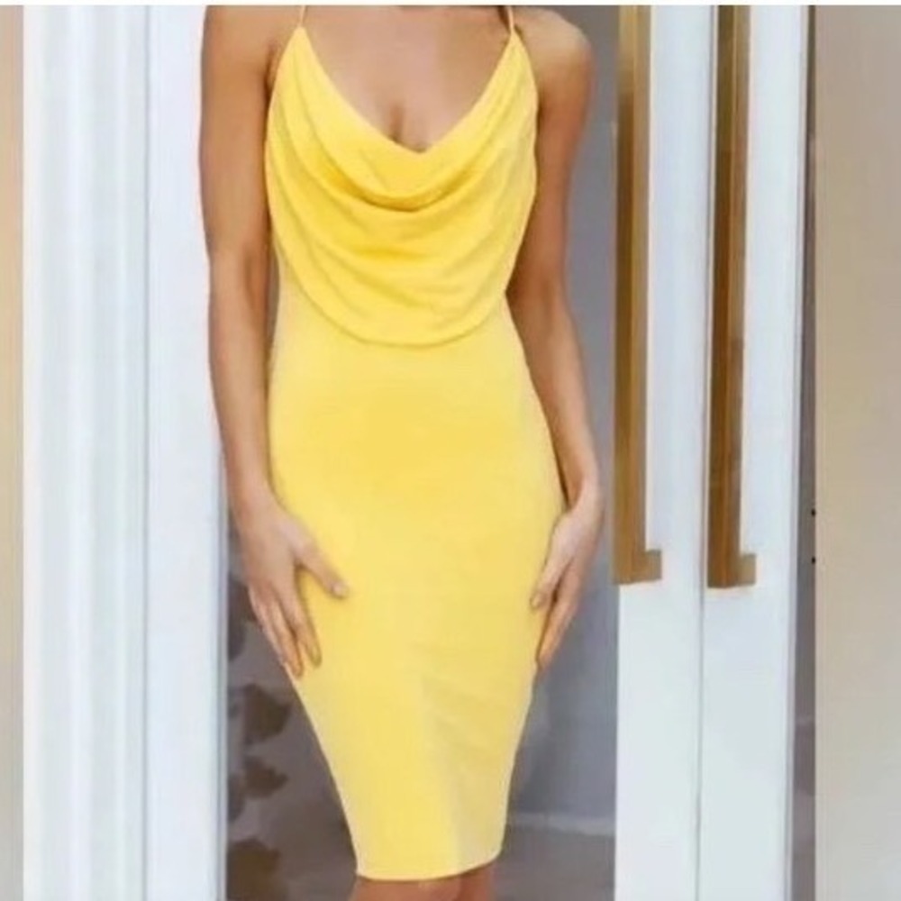 Hello Molly Yellow Cowl Neck Backless Midi Dress ST2605D US 6 NWT party wedding